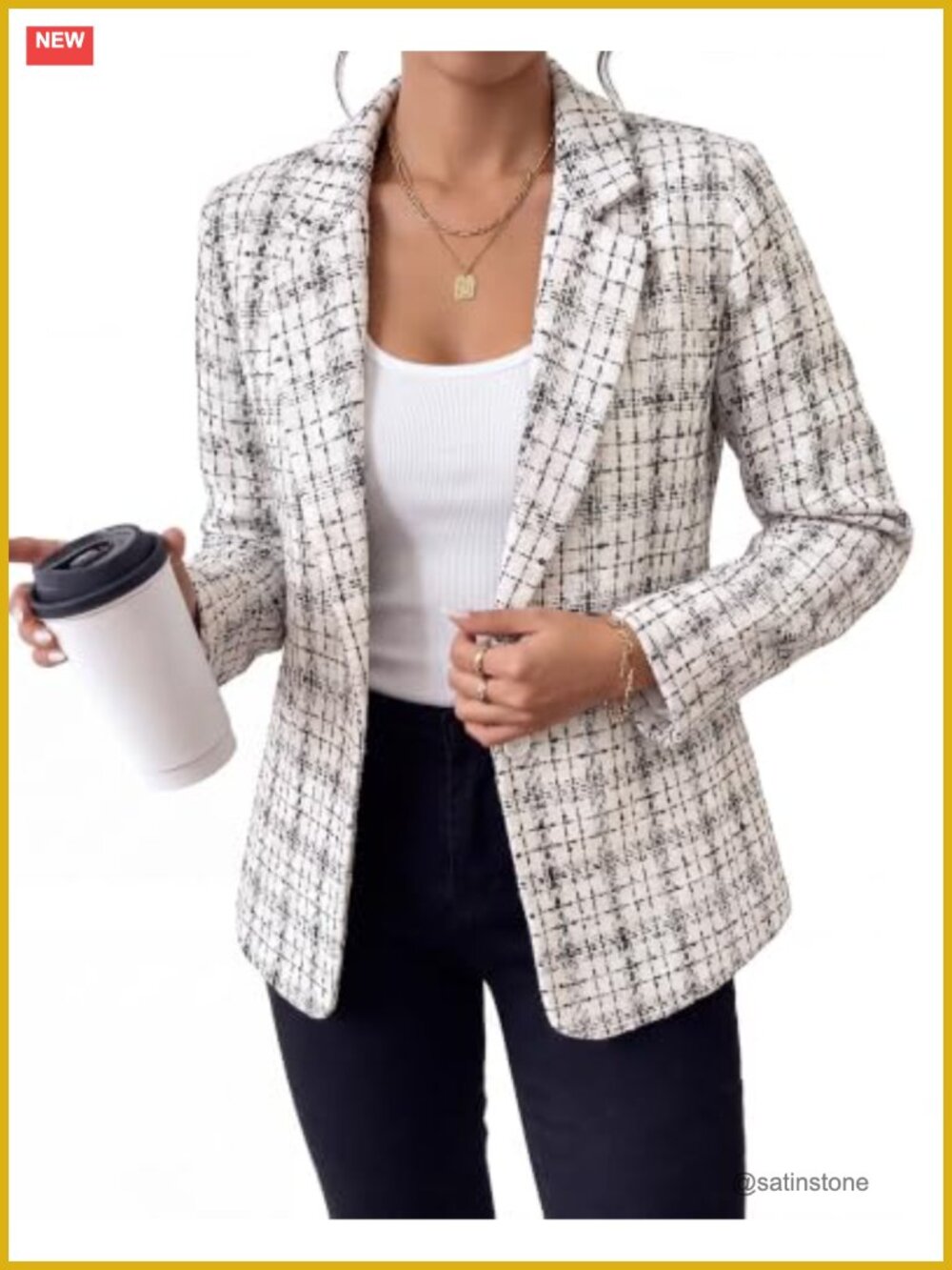 Tweed Plaid Blazer Notch Lapel Single Button Lined Business Casual Jacket